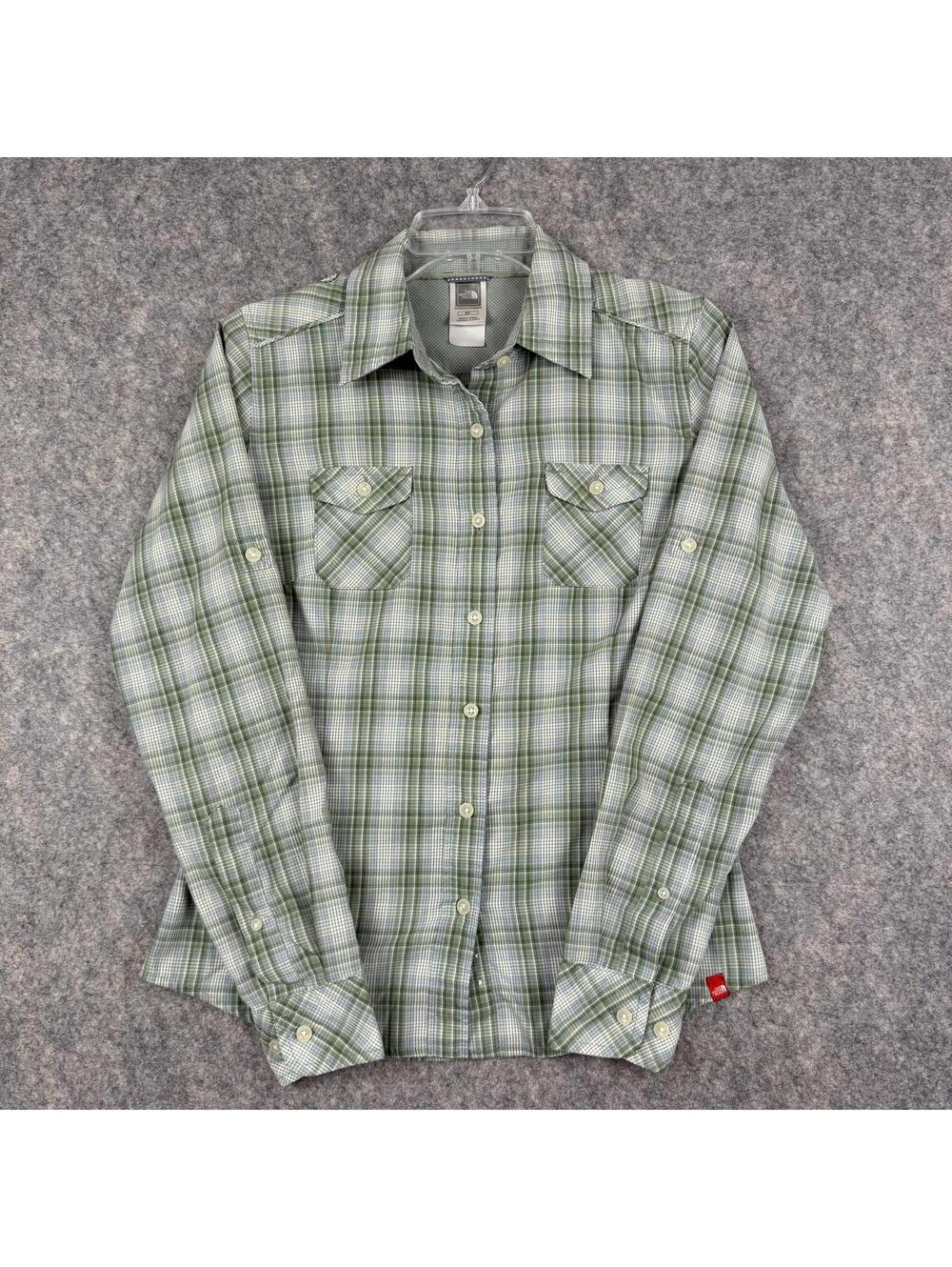 The North Face Long Sleeve Button Shirt Green Plaid Embroidered Flower Small 586